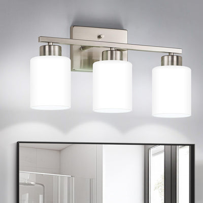 FonmYim Brushed Nickel Bathroom Light Fixtures, 3-Light Modern Vanity Light Over Mirror, Wall Sconces with Milky White Frosted Glass Shades, E26 Socket (Bulbs Not Included)