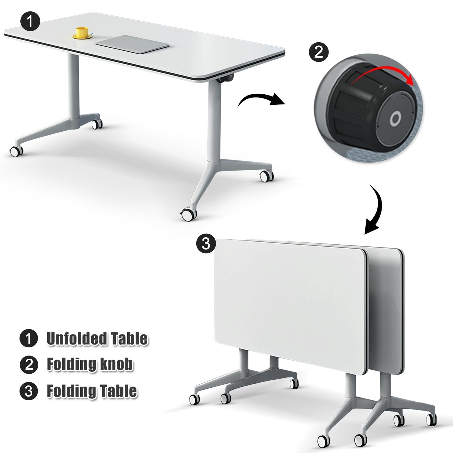 4PCS White Folding Conference Room Table, Modern Meeting Table with Wheels, 55" D x 23.6" W x 29.5" H Wood Seminar Table for Office Training Classroom