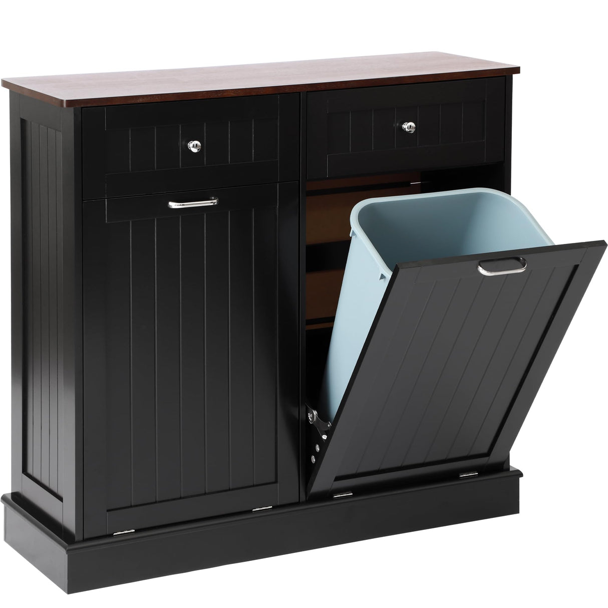 KIGOTY Double Tilt Out Trash Cabinet, Pet Proof Trash Can Cabinet with Countertop and Drawer, Trash Cabinet with Storage,Wooden Laundry Hamper for Kitchen,Black KIGOTY