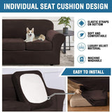 H.VERSAILTEX Modern Velvet Plush 4 Piece High Stretch Sofa Slipcover Sofa Cover Furniture Protector Form Fit Luxury Thick Velvet Sofa Cover for 3 Cushion Couch Width Up to 90 Inch (Sofa,Brown) H.VERSAILTEX