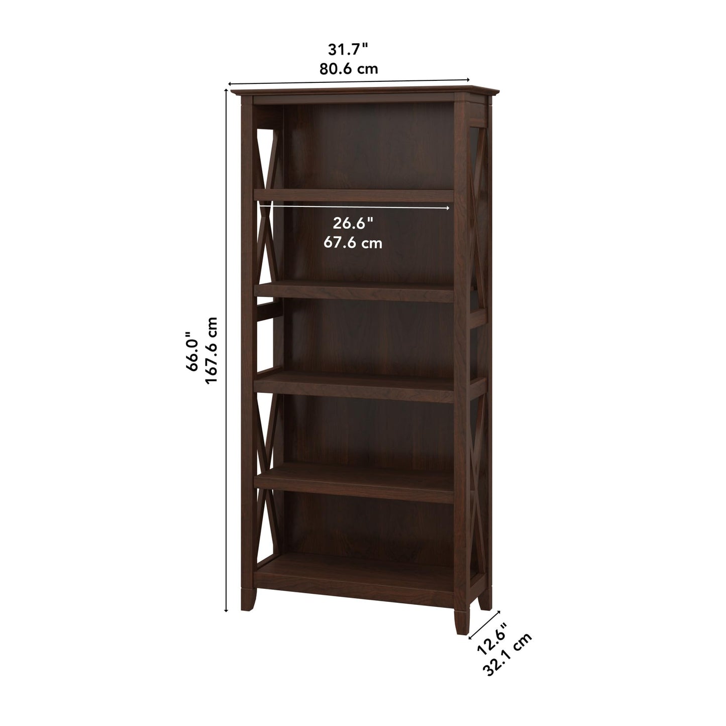 Bush Furniture Key West Tall Open Bookcase in Bing Cherry – Elegant Display Cabinet for Home or Office - WoodArtSupply