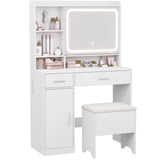 Hogxp Vanity Desk with Sliding Mirror & Power Outlets - Dimmable LED Lighting, 4 Open Shelves, 2 Drawers, 1Storage Cabinet & Padded Stool - Ideal Bedroom Makeup Dressing Table （White） Hogxp