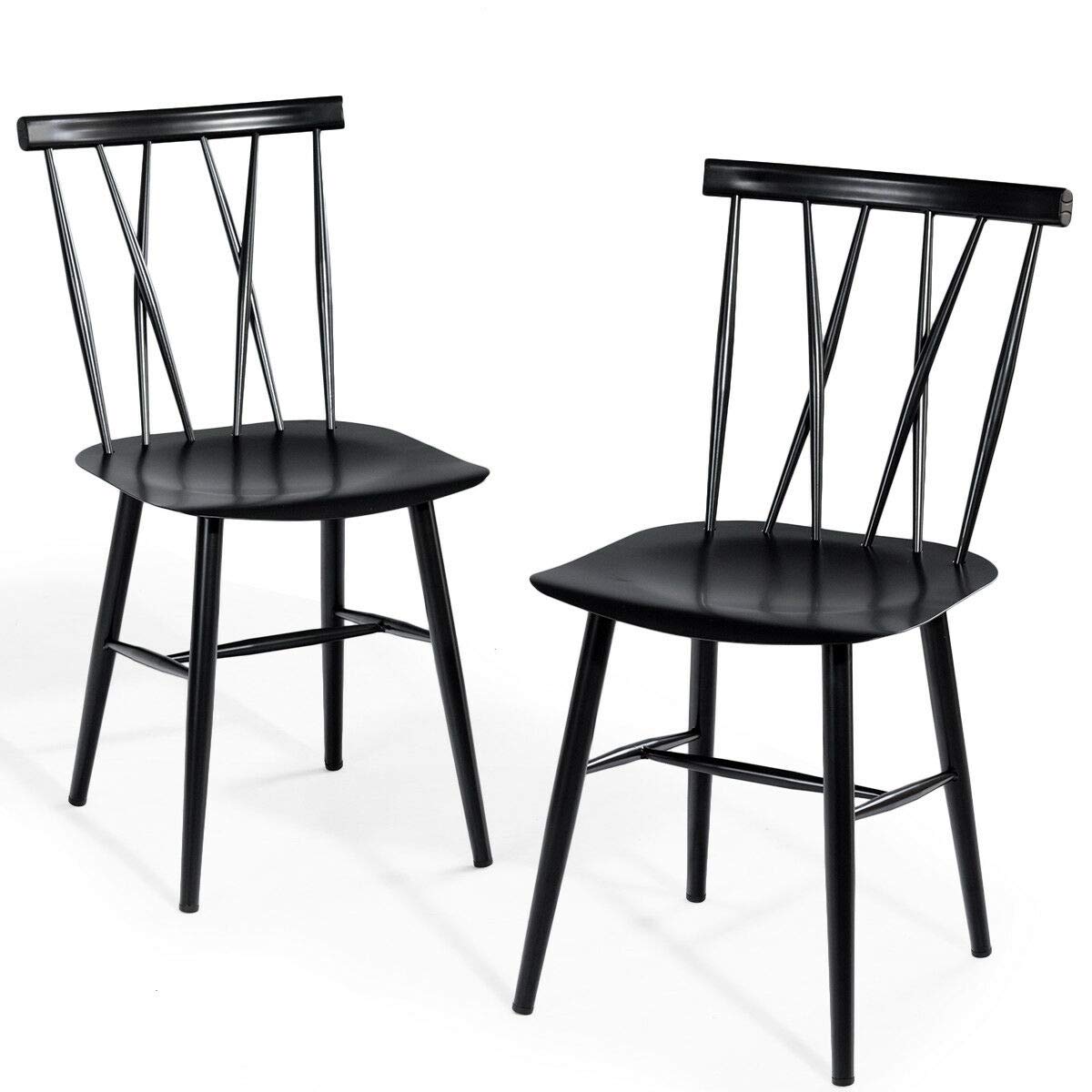 COSTWAY Dining Chair Set of 2, Farmhouse Windsor Chairs Dining Room Chairs with Spindle Back and Sturdy Metal Construction, Kitchen Side Chairs for Living Room Restaurant, Black (Height 17'') COSTWAY