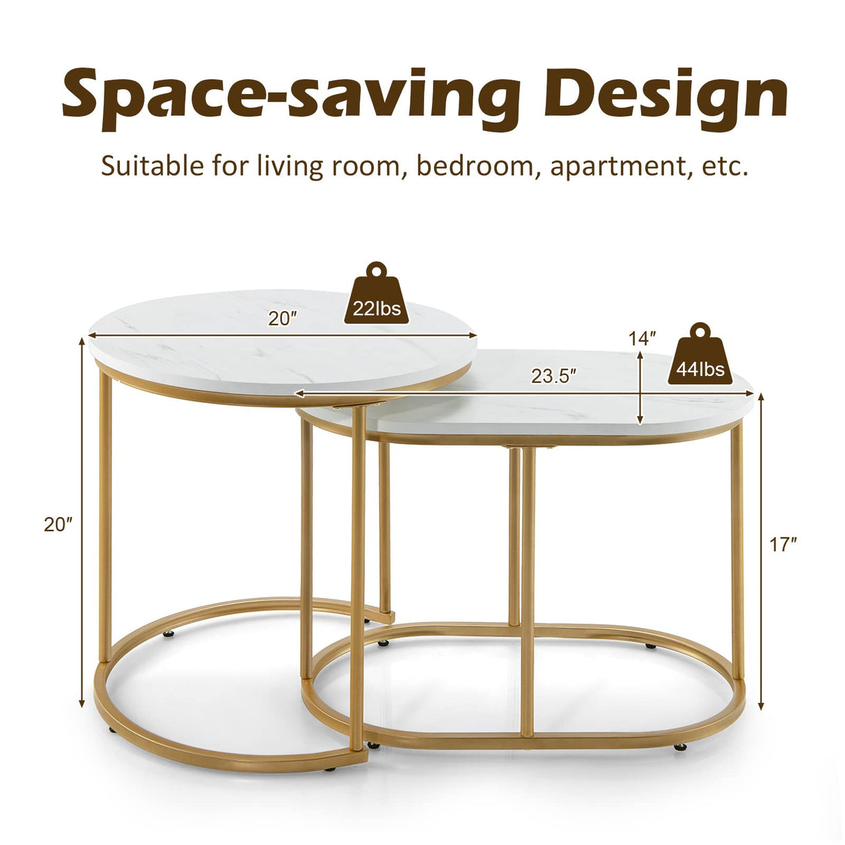Giantex Modern Nesting Coffee Table Set of 2, Coffee Table & End Table Sets, Golden Steel Frame, Easy Assembly, Accent Marble-Look Stacking Side Table for Living Room Bedroom Apartment (Gold) Giantex