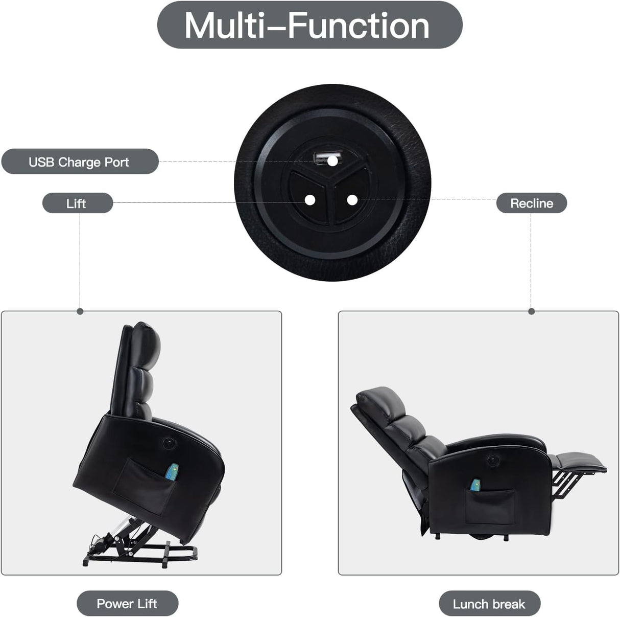 AVAWING Power Lift Recliner Chair for Elderly, PU Leather Electric Inclining Chair with Remote Control, Side Pocket and USB Port for Living Room & Bedroom, Black AVAWING
