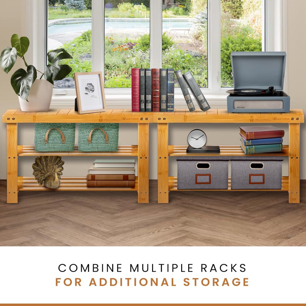 Leaf & Grain Bamboo Shoe Rack - Shoe Storage Bench for Front Door Entrance - Entryway Bench with Shoe Shelf, Shoe Storage Organizer, Wooden Shoe Rack, Durable Shoe Bench for Home (Natural) Leaf & Grain