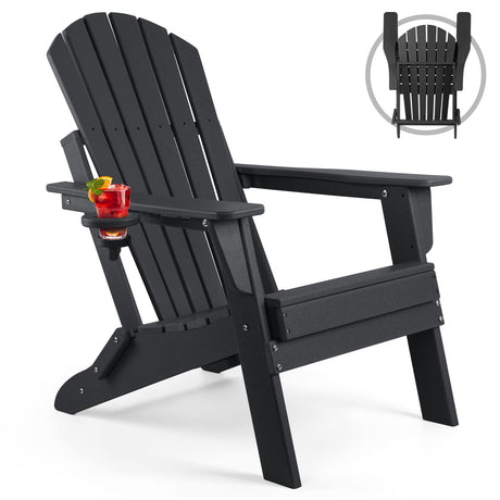 FUNBERRY Folding Adirondack Chair, Fire Pit Chairs, Plastic Adirondack Chairs Weather Resistant with Cup Holder, Composite Adirondack Chairs, Black FUNBERRY