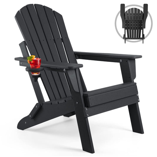 FUNBERRY Folding Adirondack Chair, Fire Pit Chairs, Plastic Adirondack Chairs Weather Resistant with Cup Holder, Composite Adirondack Chairs, Black