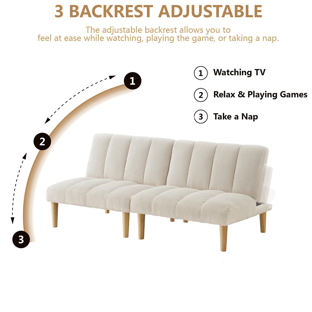 Modern Corduroy Convertible Folding Futon Couch Sofa Bed,with Adjustable Backrest Memory Foam Couch Double Loveseat Sofa for Compact Living Space,Dorm,Game Studio,Apartment,Bedroom (White) Gustonhon