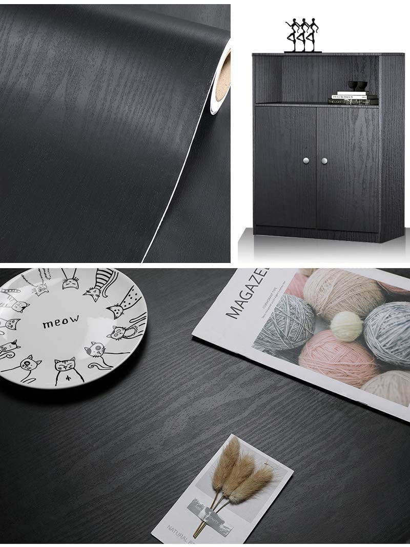 Black Wallpaper - Wood Peel and Stick Wallpaper – Black Wood Self-Adhesive & Removable Wall Paper for Countertop Furniture Kitchen Wall, Countertop Contact Paper, Easy to Clean, 17.7” × 118” Vinyl tiltil