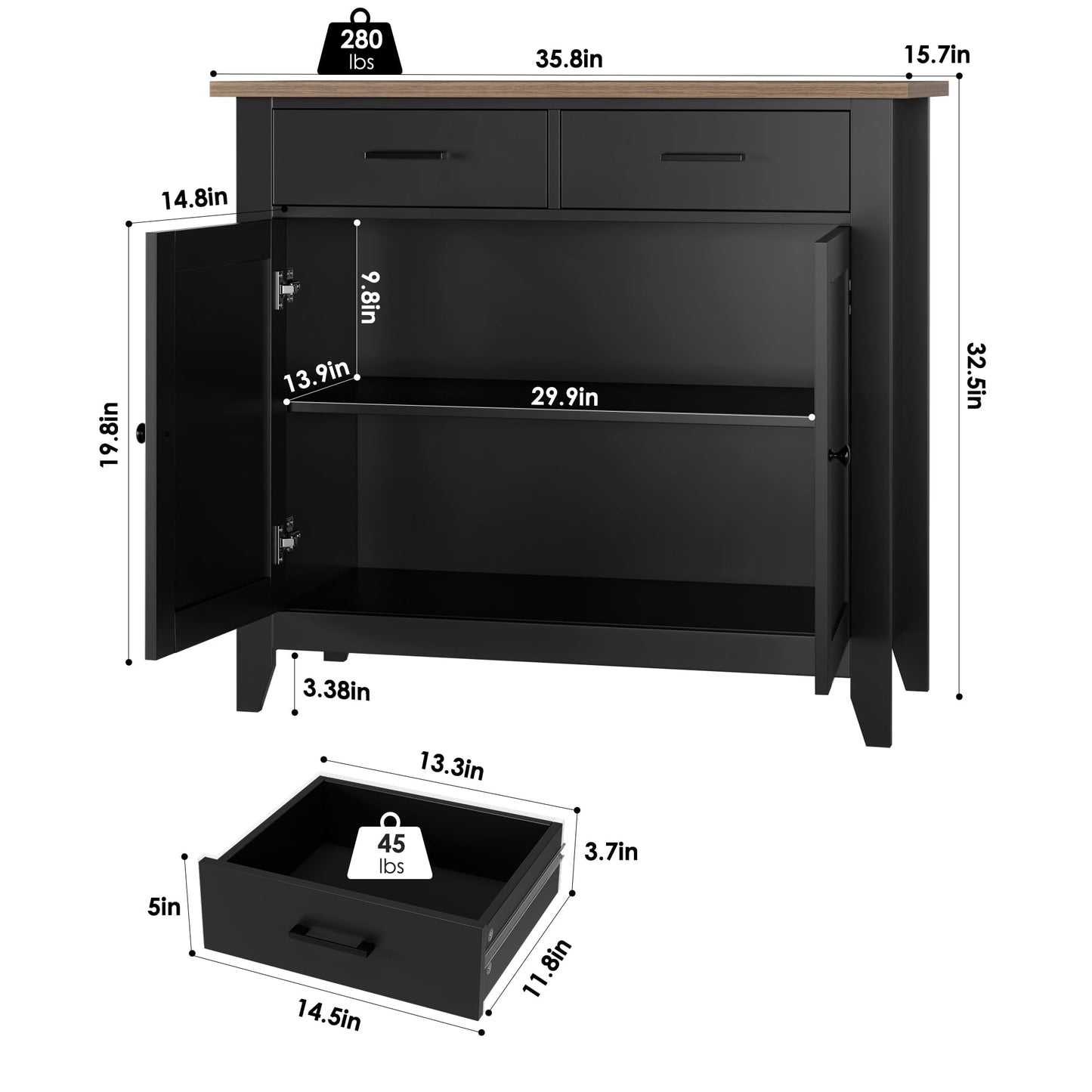 HORSTORS Kitchen Storage Cabinet, Modern Farmhouse Buffet Cabinet with Storage, Coffee Bar with 2 Drawers and 2 Doors, Floor Sideboard Buffet for Living Room, Dining Room, Bathroom, Black/Rus - WoodArtSupply