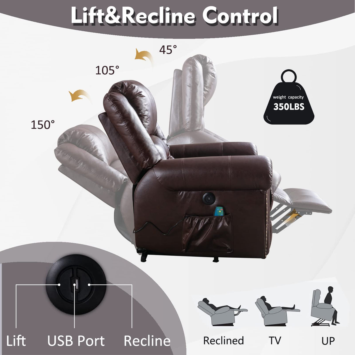 ANJ Large Power Lift Recliner Chairs with Massage and Heat, Faux Leather Electric Lift Chairs for Elderly People, Recliners for Big and Tall Man, Single Lounge Sofa with USB Port (Red Brown) ANJ