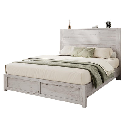 Albott Distressed White Queen Size Wood Platform Bed Frame with Stylish Headboard for Modern Farmhouse Decor