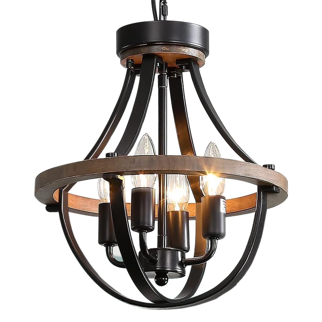 Threebro Chandeliers，Farmhouse Ceiling Chandelier Wood Black Modern Rustic Hanging Pendant Light Fixture with Chain for Dining Room Living Room Entryway Kitchen Island Bedroom Foyer Lighting（ - WoodArtSupply