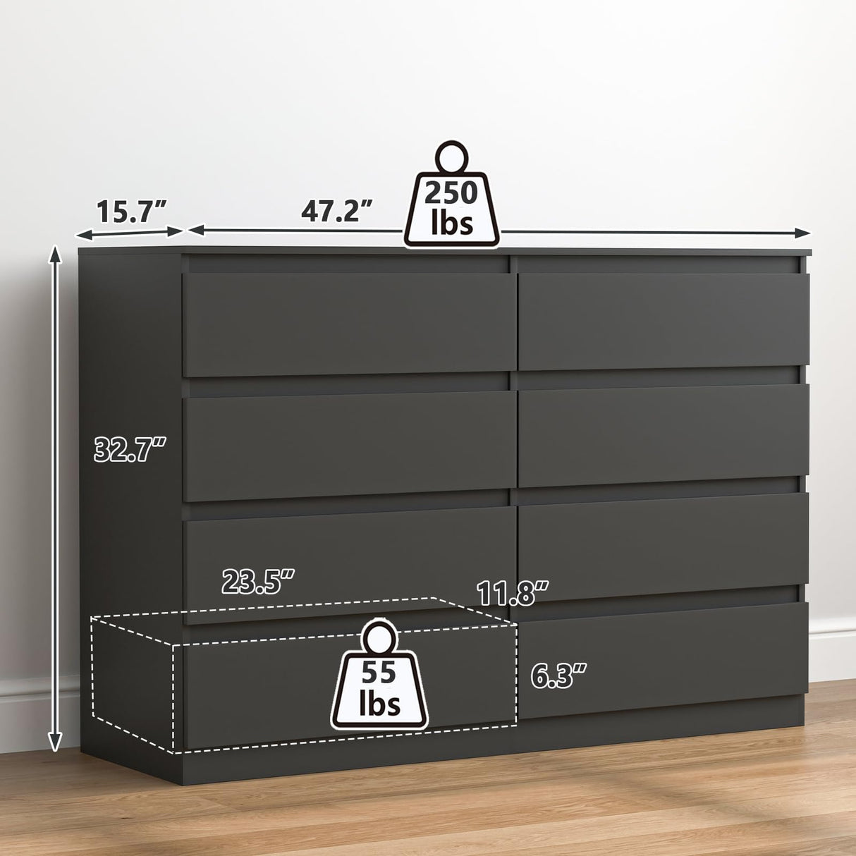 Vibe & Dine 8 Drawer Double Dressser, Modern Chest of Drawers with Wide Storage for Closet, Bedroom, Living Room, Black Vibe & Dine