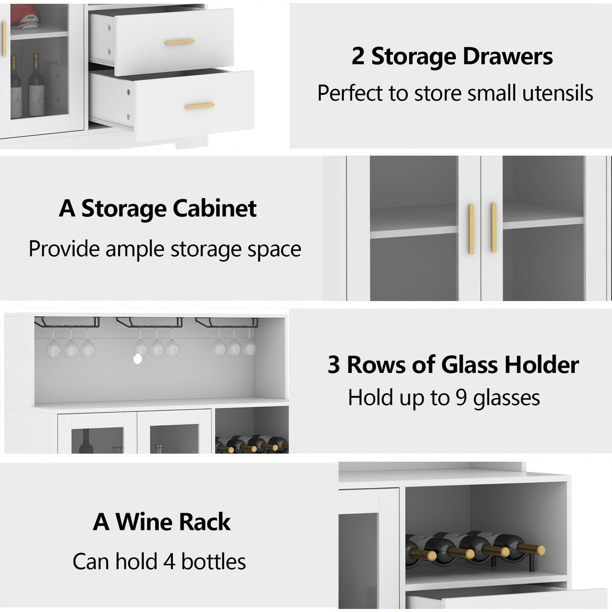 Auromie Wine Bar Cabinet with LED Light, Home Coffee Cabinet with Wine and Glass Rack, Kitchen Buffet Sideboard with Storage Cabinet&Drawers, Modern Liquor Cabinet for Living Room Dining Room (White) Auromie