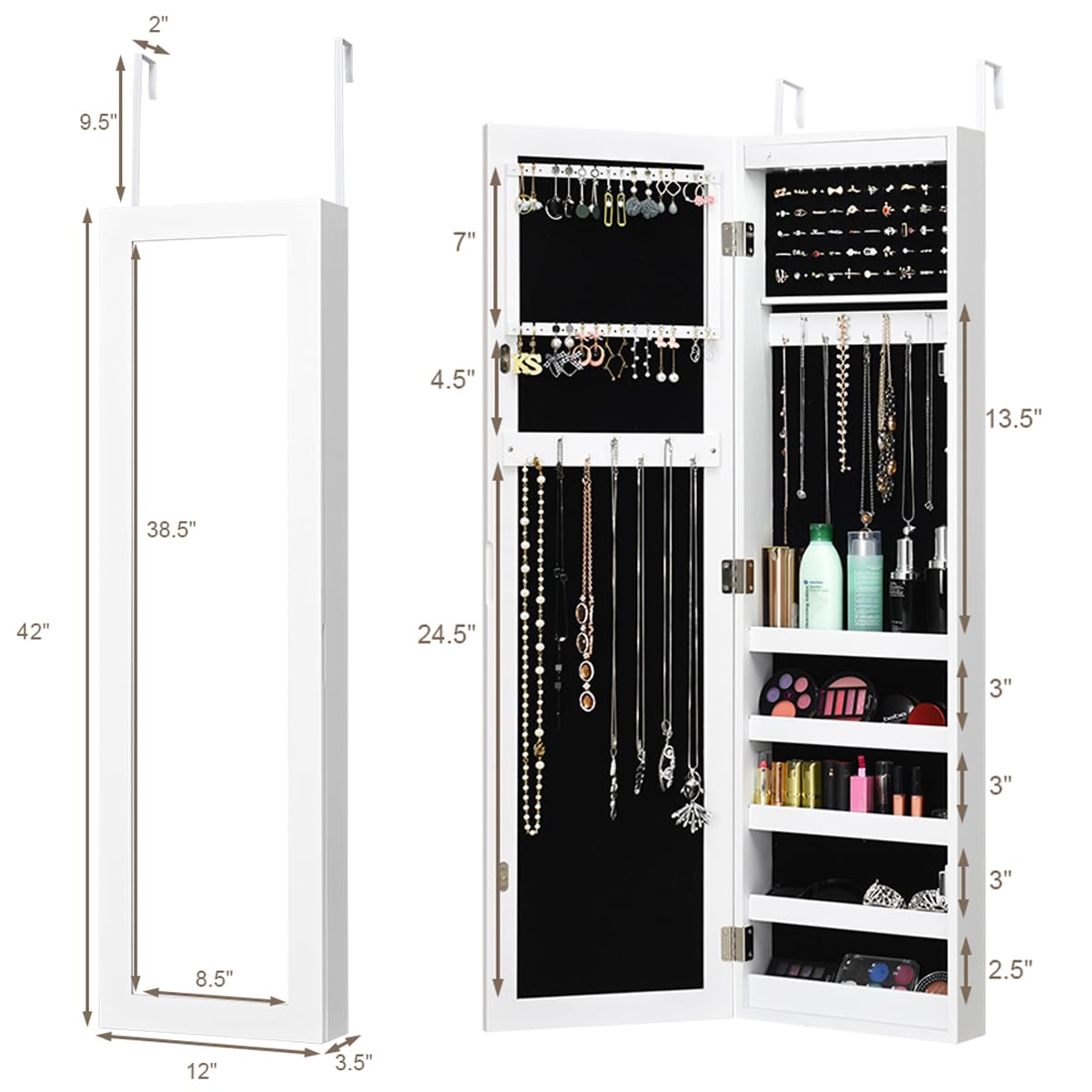 Giantex 12 LEDs Jewelry Armoire Wall Door Mounted, Jewelry Cabinet Organizer with Full-length Mirror, Ring Earring Slots Necklace Hooks and 5 Storage Shelves, Large Storage Capacity Giantex