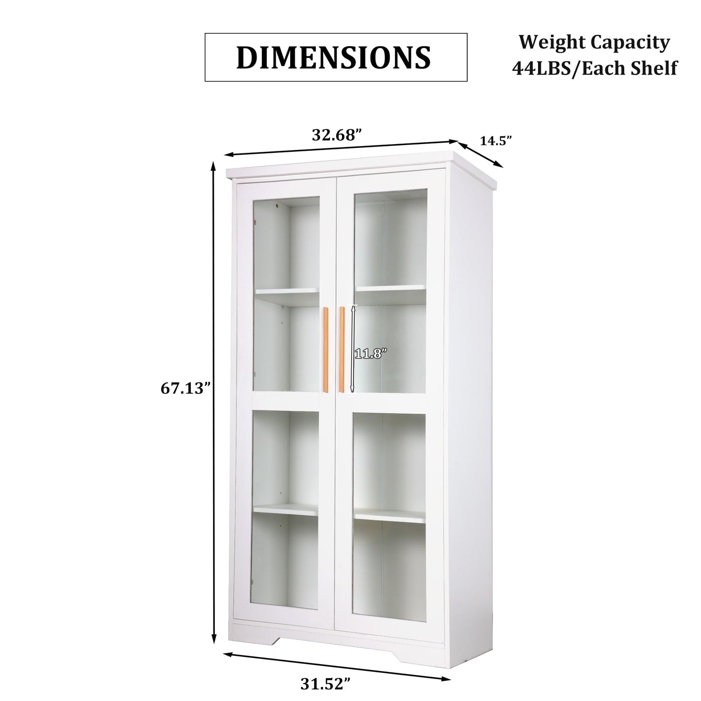 jamege 67” Tall China Storage Cabinet with Tempered Glass Doors, Curio Display Cabinet, Bookshelves, Bookcase with Adjustable Shelves, for Living Room, Kitchen, Dining Room, Pantry, Home, Office