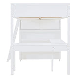 Merax White Full Loft Bed with Integrated Desk and Bookshelf – Space-Saving Solid Pine Design Merax
