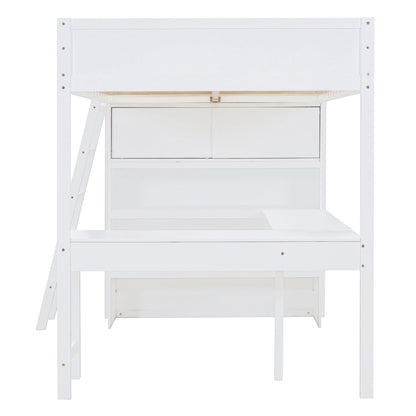 Merax White Full Loft Bed with Integrated Desk and Bookshelf – Space-Saving Solid Pine Design - WoodArtSupply