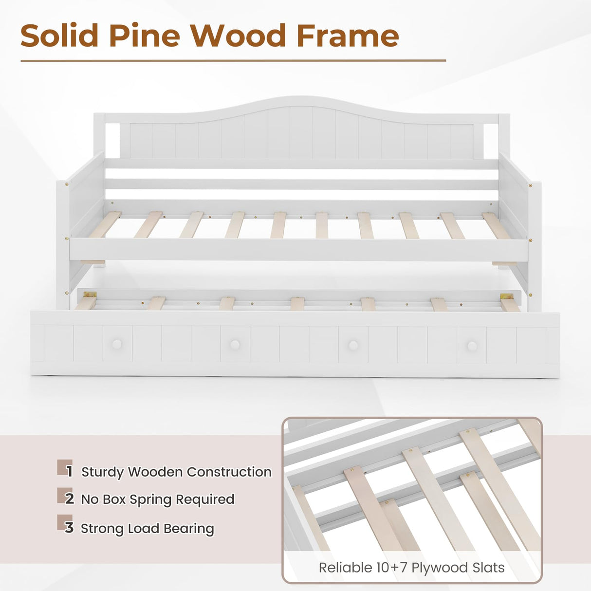 Giantex Twin Daybed with Trundle, Solid Wood Day Bed with Slats Support, Integrated Headboard & Armrests, Modern Trundle Bed Twin for Living Room, Bedroom, Guest Room, No Box Spring Needed (White) Giantex