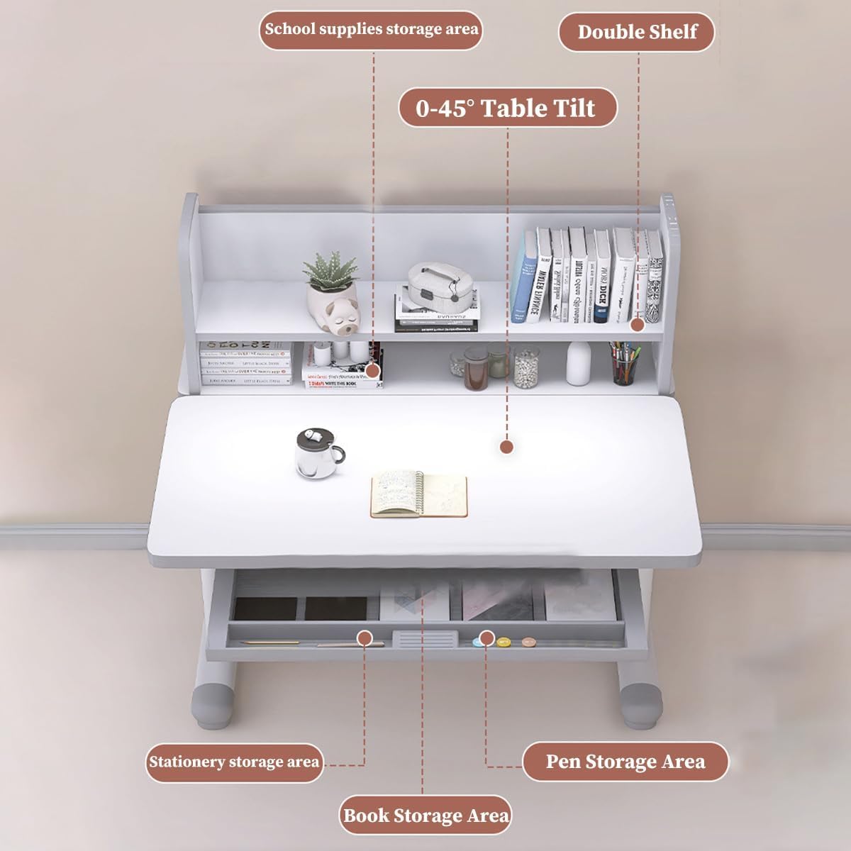 Kids Functional Study Desk and Chair Sets Ergonomic Height Adjustable Children School Study Desk 3-18 Years Boy and Girl Study Table and Chair Set with Tilt Desktop,LED Light for Reading,Writing SMIXLVY