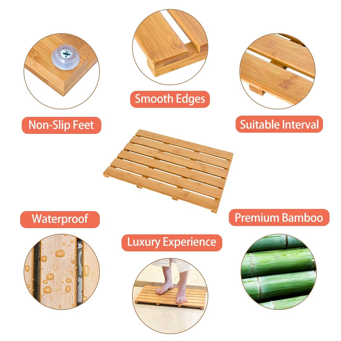 Bath Mat for Luxury Shower - Non-Slip Bamboo Sturdy Water Proof Bathroom Carpet for Indoor or Outdoor Use Bamfan