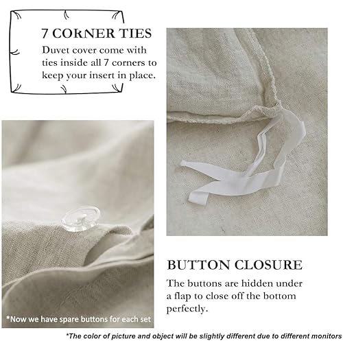 Simple&Opulence 100% French Flax Linen Duvet Cover Set with Embroidery Washed - 3 Pieces (1 Duvet Cover with 2 Pillow Shams) with Button Closure Soft Breathable Farmhouse - Linen, King Size Simple&Opulence