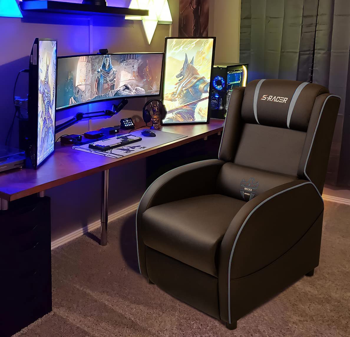 Homall Massage Gaming Recliner Chair, Racing Style Gaming Sofa, PU Leather Home Theater Seat, Living Room Ergonomic Comfortable Gamer Lounge(Grey) Homall
