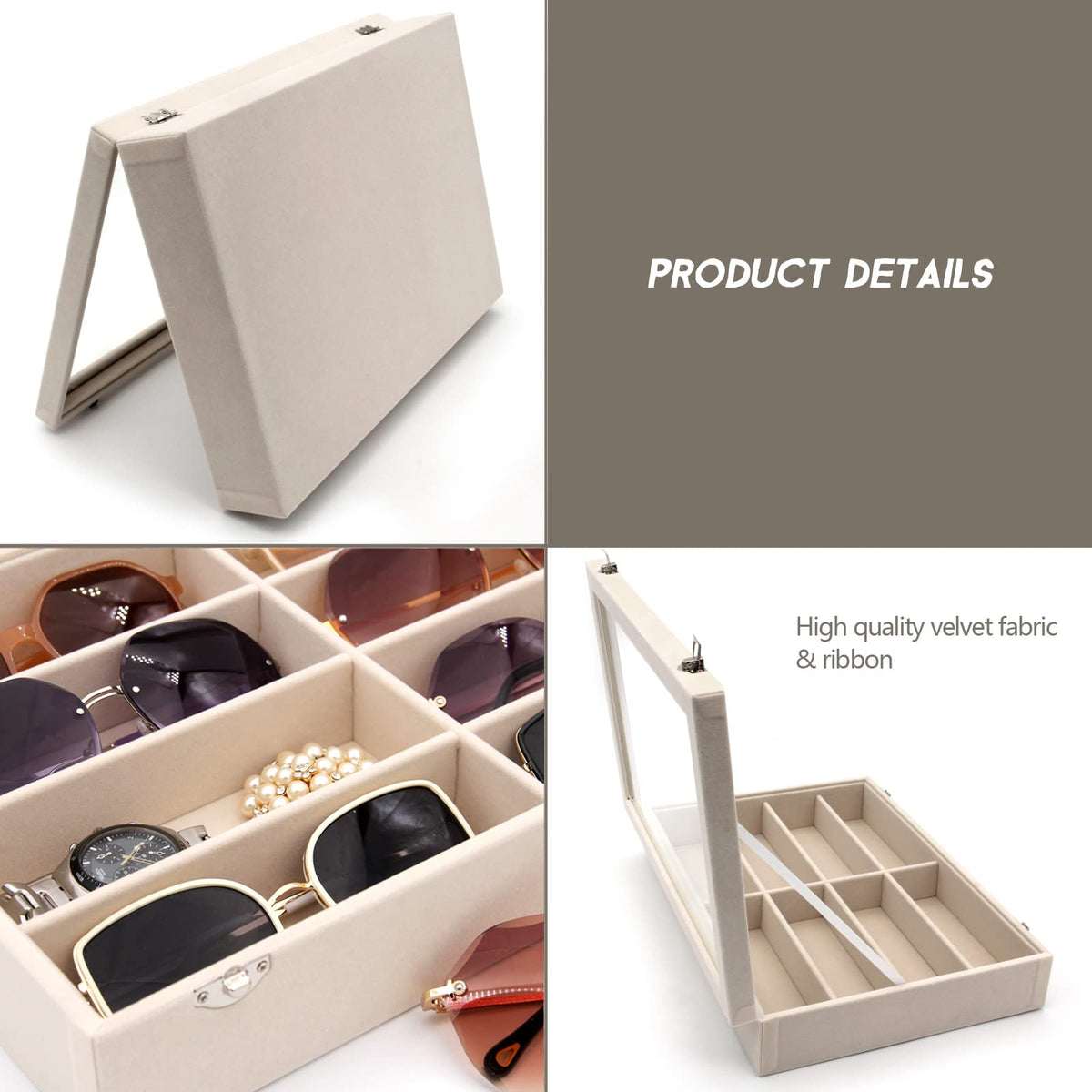 KLOUD City Luxury Sunglasses Organizer - 8 Slot Velvet Jewelry Storage Case with Clear Glass Lid | Dustproof, Scratch-Resistant Display for Glasses & Watches | Elegant Gift Box (14"x9.5") KLOUD City