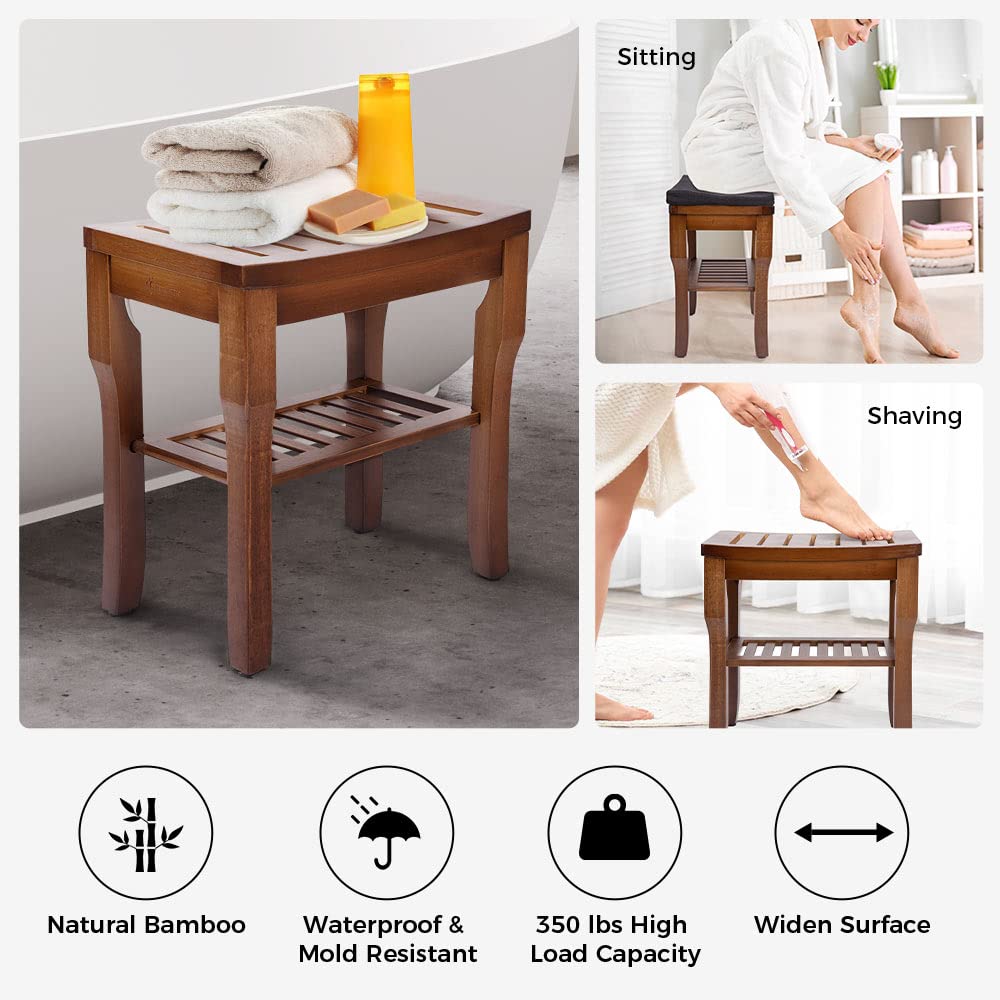 StrongTek Bamboo Shower Bench Seat with Soft Cushion, Footrest Shaving Stool with Storage Shelf, Non-Slip, Ideal for Spa Bath Seat, Bathroom, Living Room & Garden Decor, Espresso