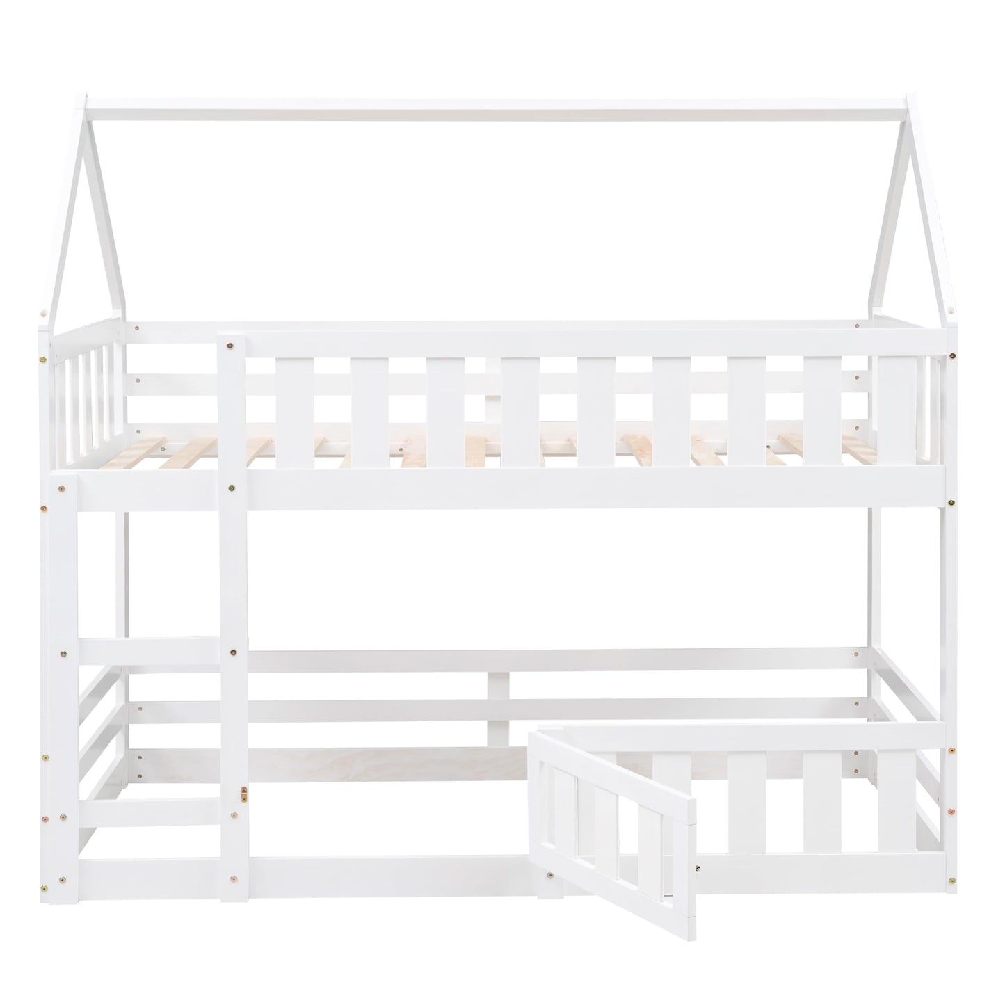 SOFTSEA Solid Wood Twin Over Twin House Bunk Bed with Guardrails and Playful Design - WoodArtSupply