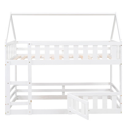 SOFTSEA Solid Wood Twin Over Twin House Bunk Bed with Guardrails and Playful Design - WoodArtSupply