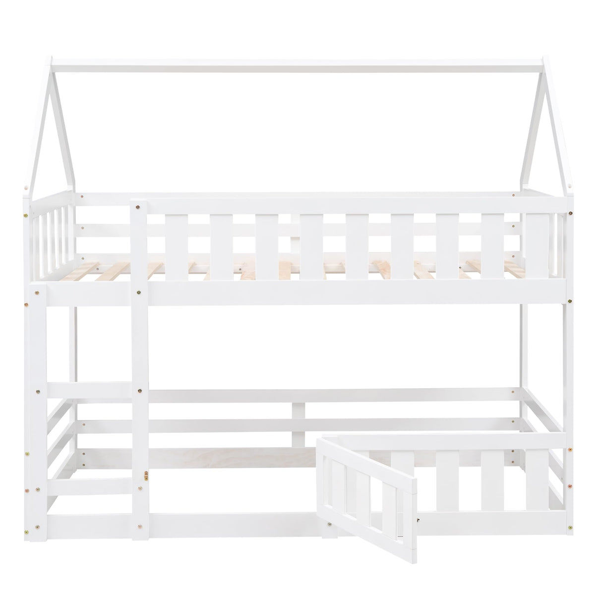 LOSTCAT Twin Over Twin House Bunk Bed with Fence & Door - Montessori Floor Bed for Kids in White LOSTCAT