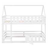 LOSTCAT Twin Over Twin House Bunk Bed with Fence & Door - Montessori Floor Bed for Kids in White LOSTCAT
