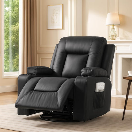 COMHOMA Recliner Chair,PU Rocking Chair for Adults,Swivel Recliner with Cup Holders,Heat and Massage,Single Sofa Seat with Side Pockets for Living Room,Bedroom(Black) COMHOMA
