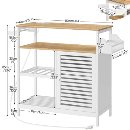 HOOBRO Kitchen Island with Storage, Kitchen Island Table with Power Outlet, 4 Tier Coffee Station and Microwave Stand with Large Worktop, for Home and Dining Room, White and Natural WN68UZD01