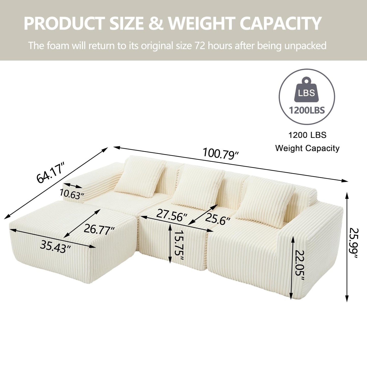 101'' Modular Sectional Sofa, Corduroy Cloud Couch with Ottomans, 3-Seater Convertible L-Shape Sofa with 3 Pillows, Sponge Compression Sofas for Living Room, No Assembly Required, Beige