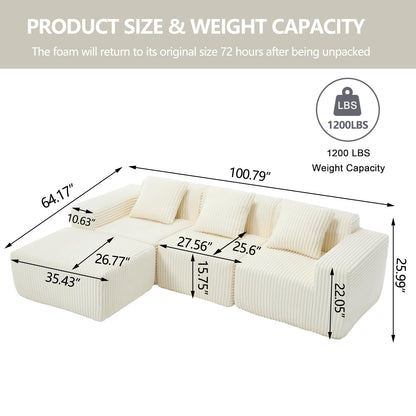 101'' Modular Sectional Sofa, Corduroy Cloud Couch with Ottomans, 3-Seater Convertible L-Shape Sofa with 3 Pillows, Sponge Compression Sofas for Living Room, No Assembly Required, Beige