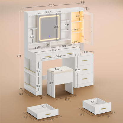 DICTAC Makeup Vanity Desk with Sliding LED Lighted Mirror, 47.2"W Large Vanity Desk with Drawers, Shelves and Side Storage, RGB Glass Cabinet, White Vanity Table Set with Charging Station for Bedroom