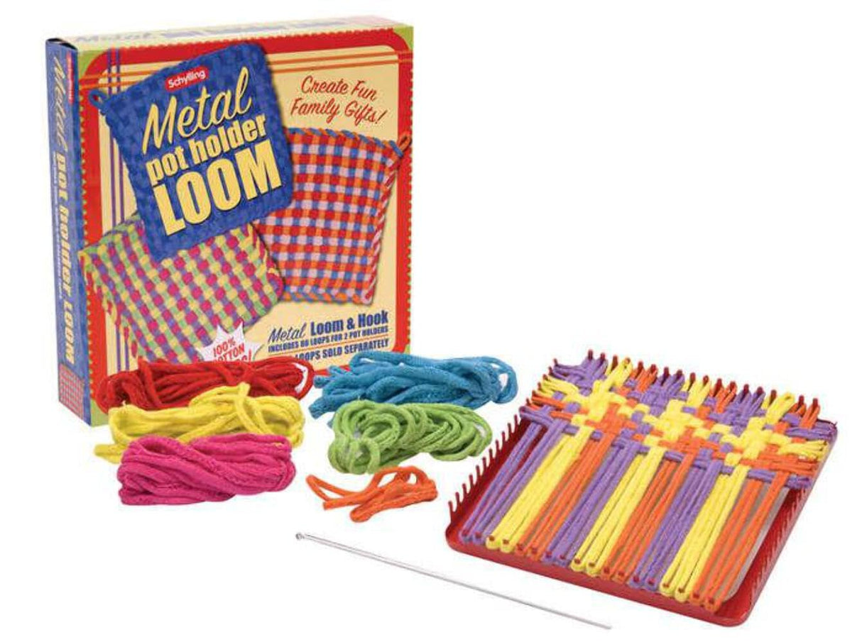 Schylling Metal Pot Holder Loom Kit - Classic Durable Weaving Frame to Make Pot Holders - Includes Loom, Hook, Instructions, and 80 Colorful Cotton Loops - Ages 5 and Up Schylling