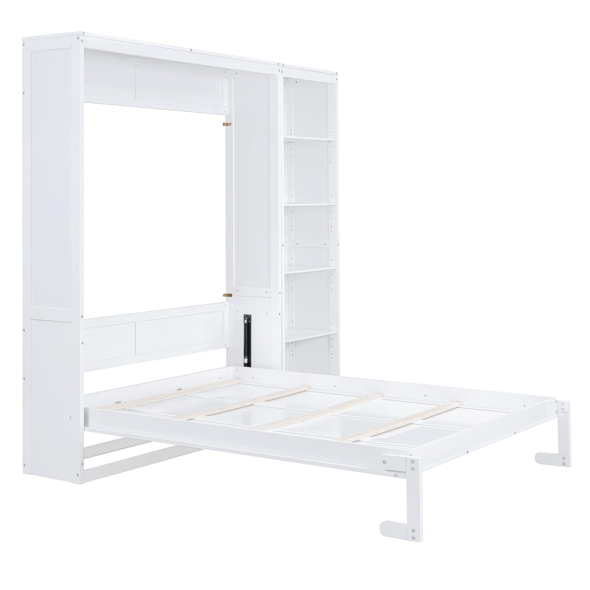 Merax Queen Size Murphy Bed Wall Bed with Storage Shelves, Space-Saving Design Foldable Platform Bed Frame, Fold into The Wall, Multifunctional Bed for Guest-Room, Home, Office, White Merax