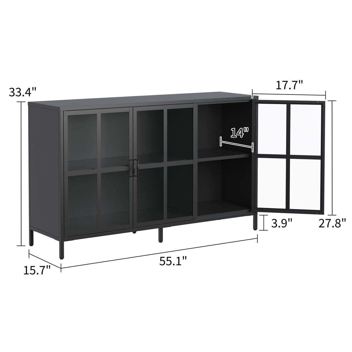 GLCHQ Metal Storage Cabinet with Tempered Glass Doors, Display Sideboard Cabinet for Home Office,Dining Room or Kitchen (Black, 3 Doors) GLCHQ