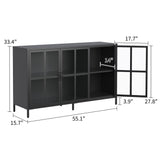 GLCHQ Metal Storage Cabinet with Tempered Glass Doors, Display Sideboard Cabinet for Home Office,Dining Room or Kitchen (Black, 3 Doors) GLCHQ