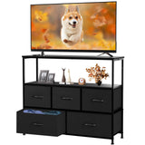DUMOS TV Stand Dresser with 5 Fabric Storage Drawers, Media Console Featuring Open Shelf for 45 inch TV, Compact Entertainment Unit for Bedroom, Living Space, or Dorm Organization, Black DUMOS