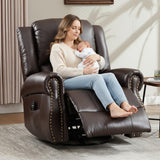 PELUMY Breathable Leather Manual Recliner Chair with Heat Massage, 360° Swivel Rocking Recliner, Oversized Multifunctional Living Room and Nursery Chair (Brown) PELUMY