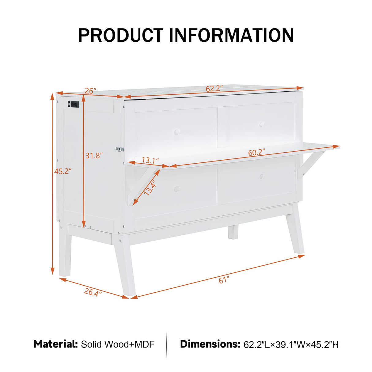 Merax Queen Murphy Bed with USB Port, Queen Murphy Cabinet, Space Saving, Solid Wood, White Merax