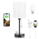 Small Bedside Table lamp for Bedroom - 3 Color Temperatures Bedside Lamps with USB C and A Ports, Pull Chain Table Lamps with AC Outlet, White Nightstand Lamps with Black Metal Base for Kids Reading Dicoool