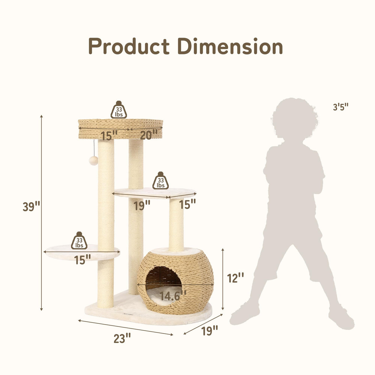 KAMABOKO Modern Cat Tree, Cat Tree for Indoor Cats w/Natural Sisal Scratching Posts, Hand-Woven Condo & Top Perch, 39" Tall Cat Tree for Kittens Climb Play & Rest KAMABOKO