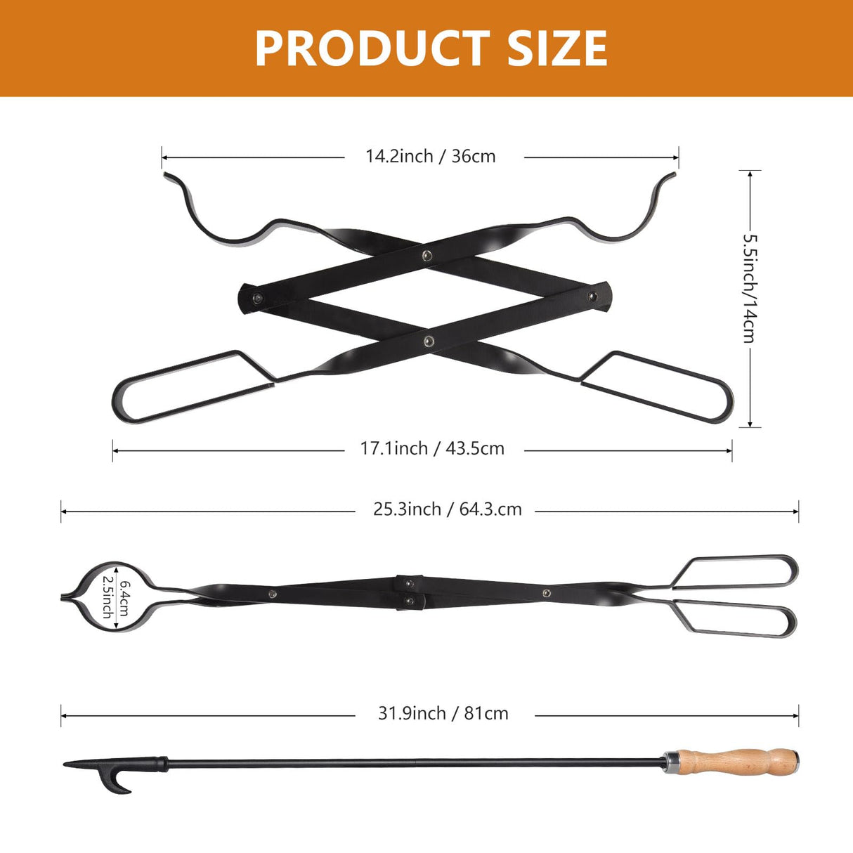 Heavy Duty 32” Long Fireplace Fire Pit Campfire Poker Stick and 26” Fireplace Tongs Tool Sets, Log Grabber, Rust Resistant Black Finish Camping Fireplace Tools for Indoor/Outdoor himaly